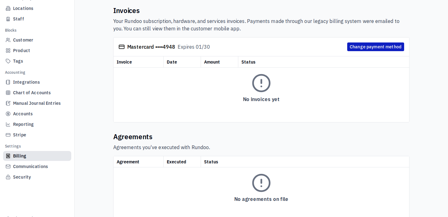 Admin Billing page with Billing selected in the sidebar, an Invoices section showing the saved card and a Change payment method button, and an Agreements section below