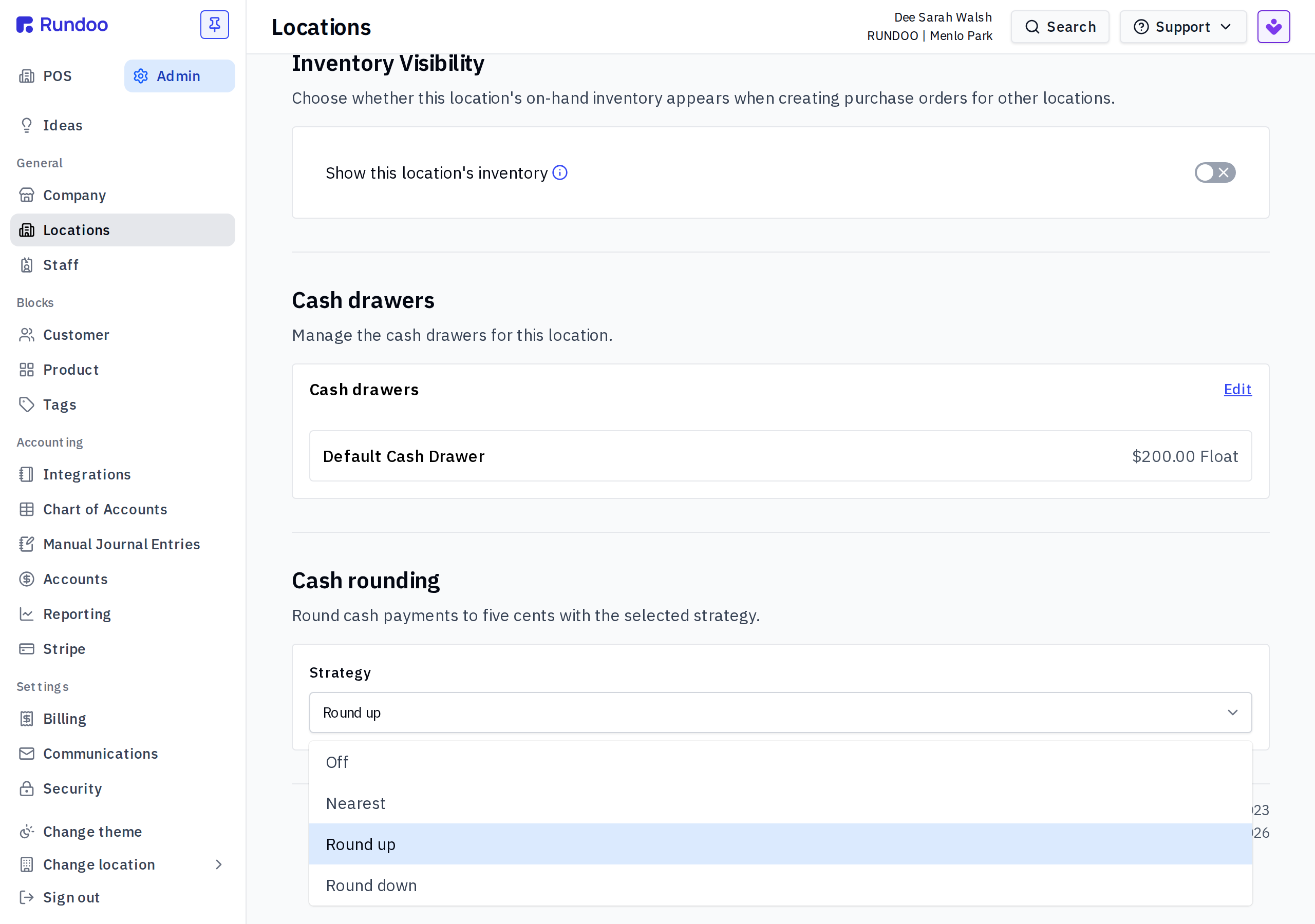 Location General tab Cash rounding section with the Strategy dropdown open: Off, Nearest, Round up, Round down