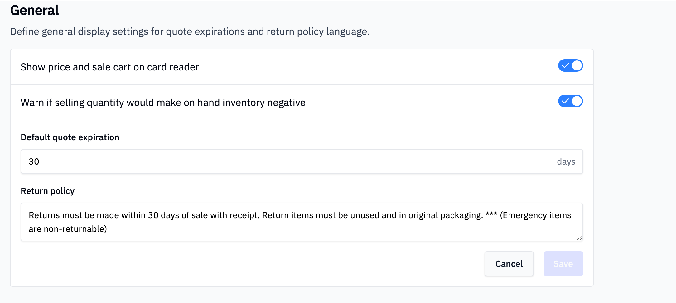 General settings with display and inventory toggles, quote expiration and return policy inputs, and Save/Cancel buttons