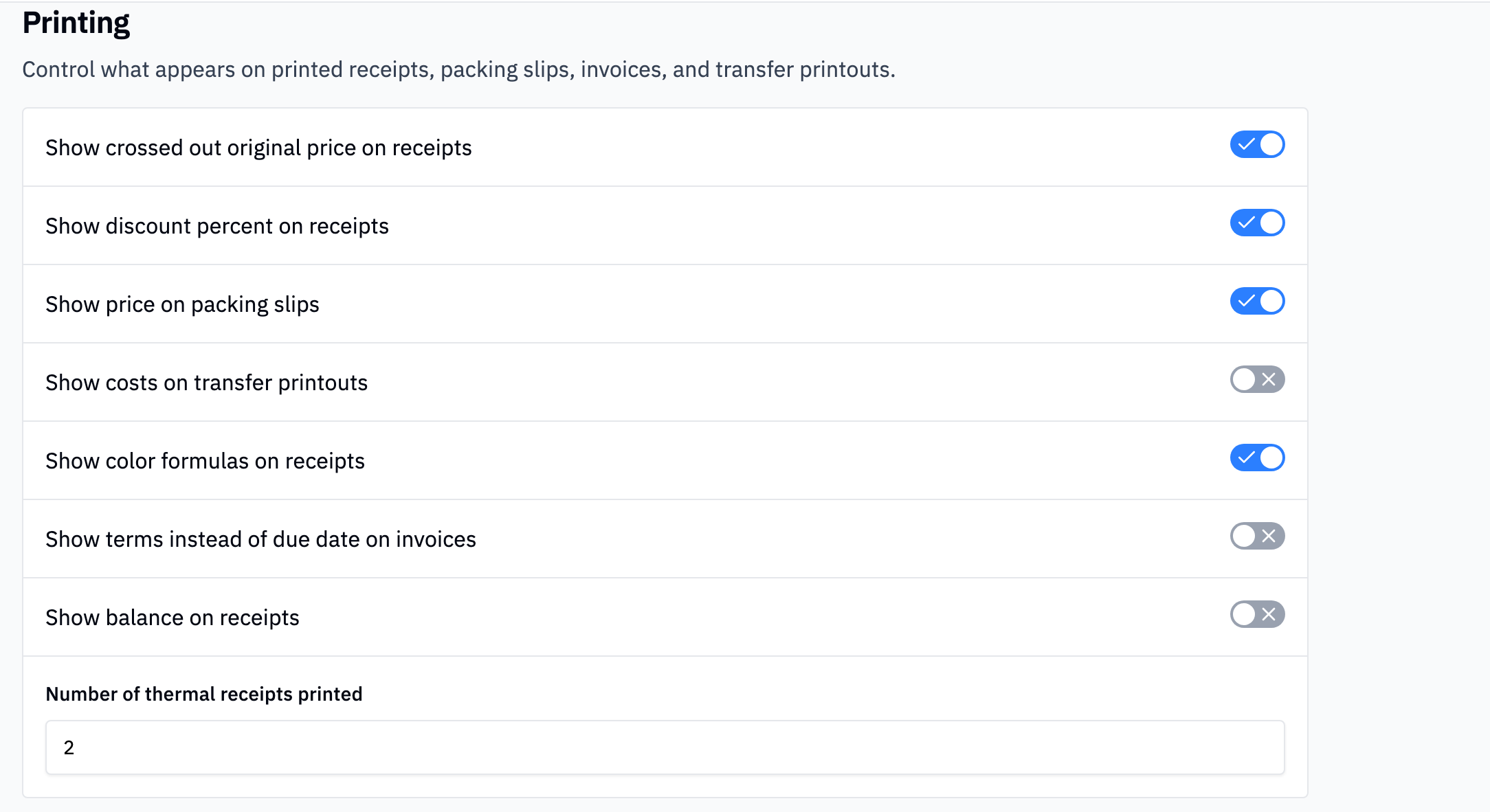 Printing settings page with toggle switches for document display options and a field for thermal receipt count