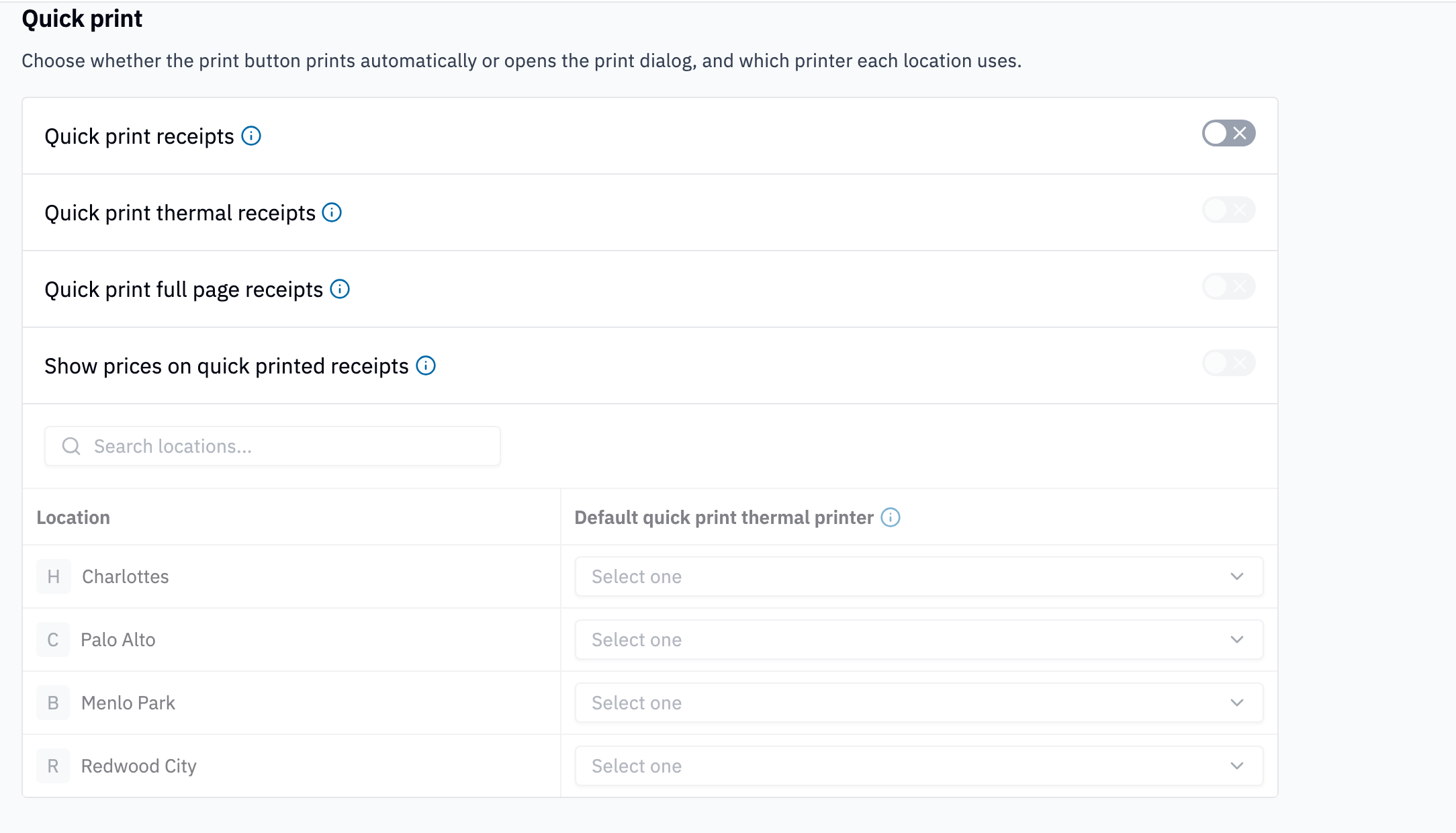 Quick print settings page showing toggles for receipt types and prices, plus a table to assign default thermal