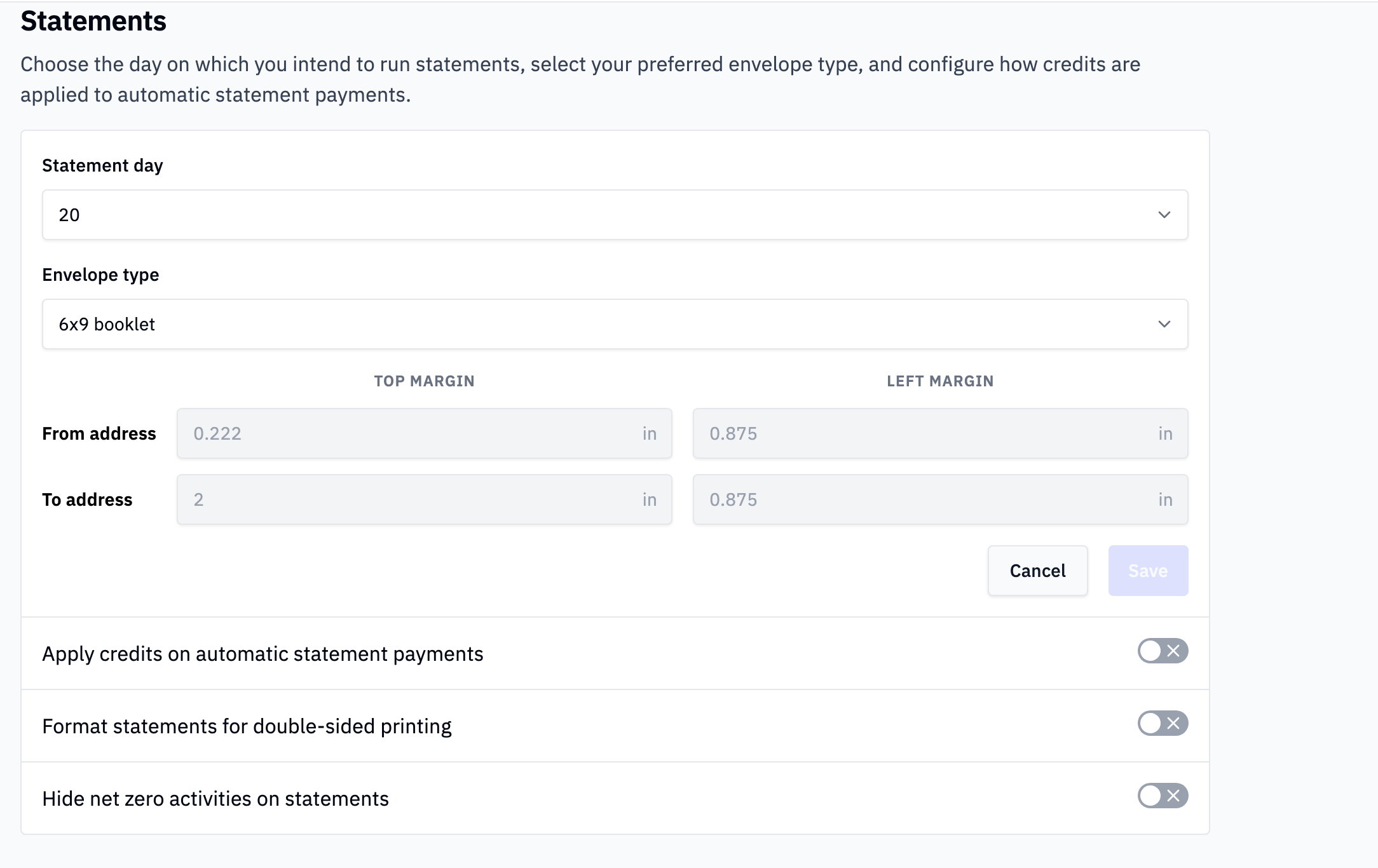 Statements page showing configuration options for statement day, envelope type, address margins, and payment settings