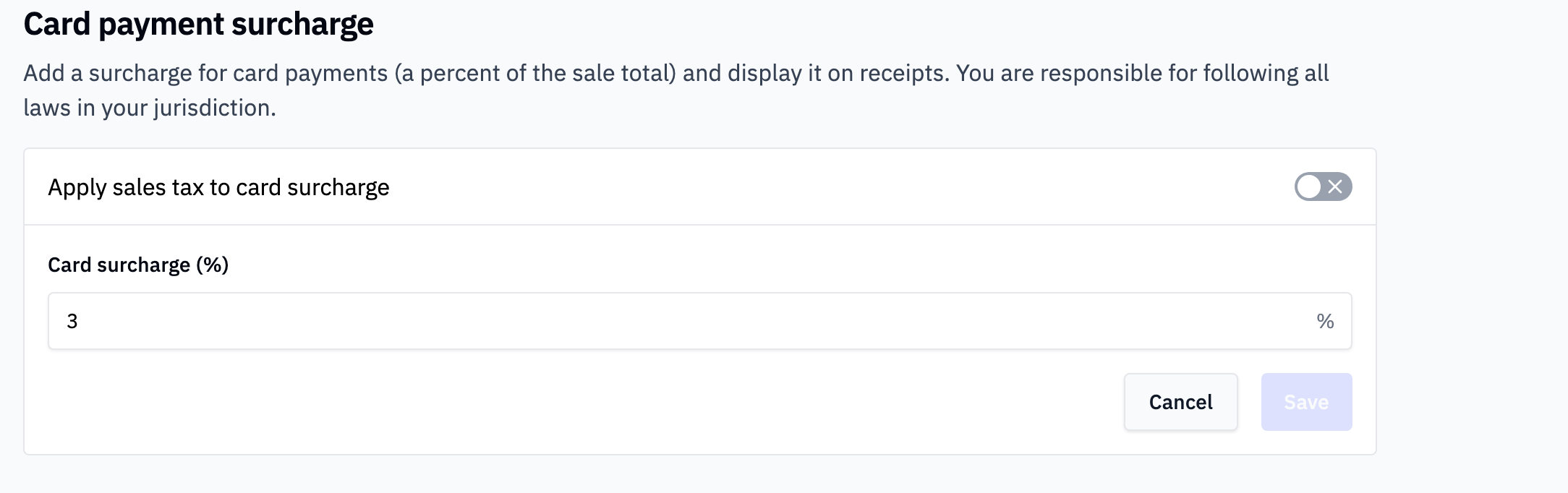 Card payment surcharge section showing a toggle for sales tax and an input field for the surcharge percentage