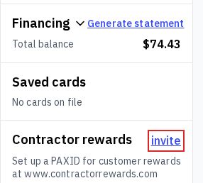 Customer profile panel showing Financing, Saved cards, and the Contractor rewards section with an invite link