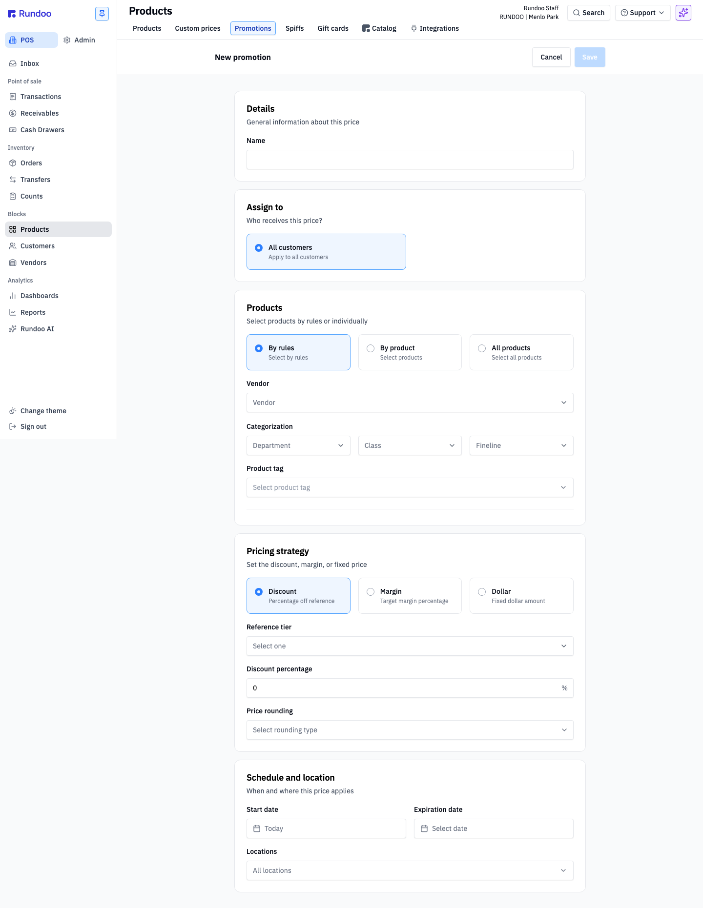The New promotion form with the five sections: Details, Assign to, Products, Pricing strategy, Schedule and location