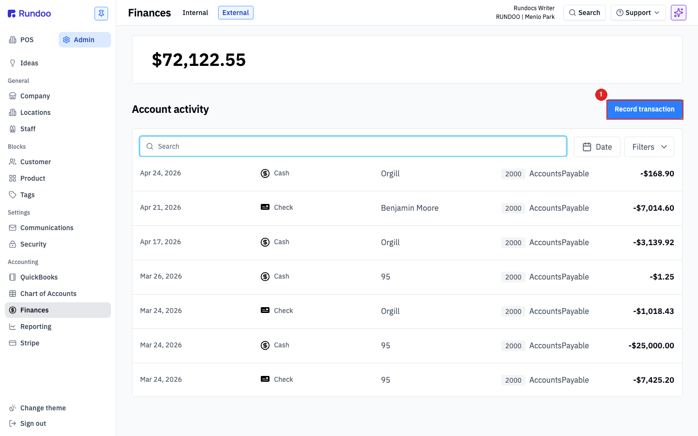 External account — Record transaction is your only path for logging cash and check deposits.