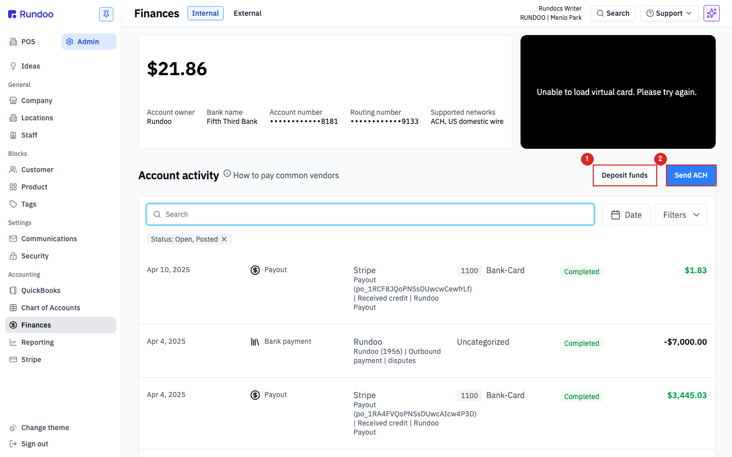 Internal tab — Deposit funds (1) ACH-pulls from your linked bank; Send ACH (2) pays vendors out.