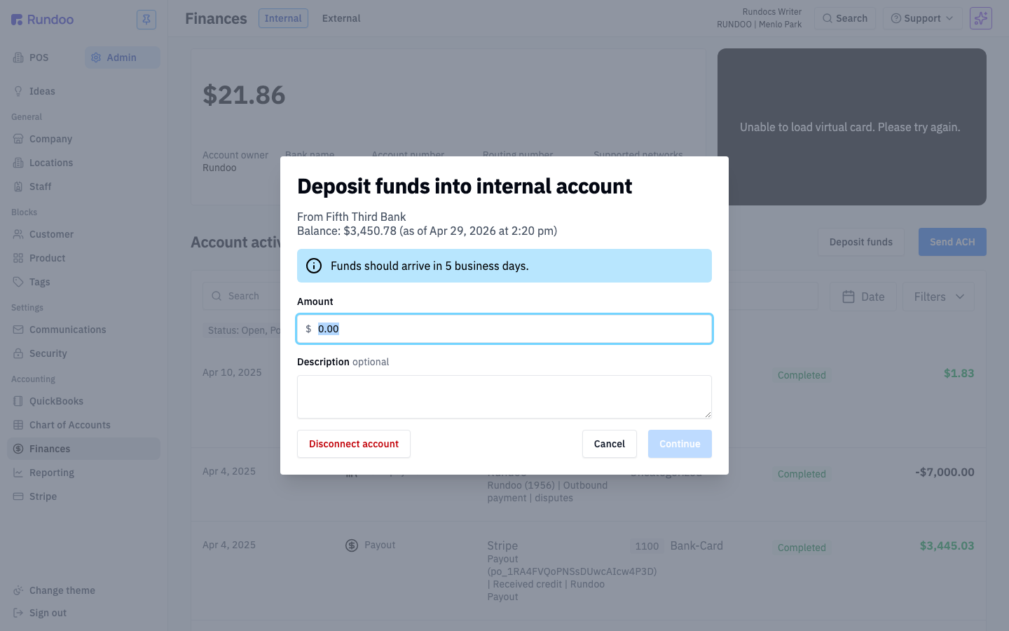 Deposit funds modal — ACH pull from your linked external bank, 5 business days to land.