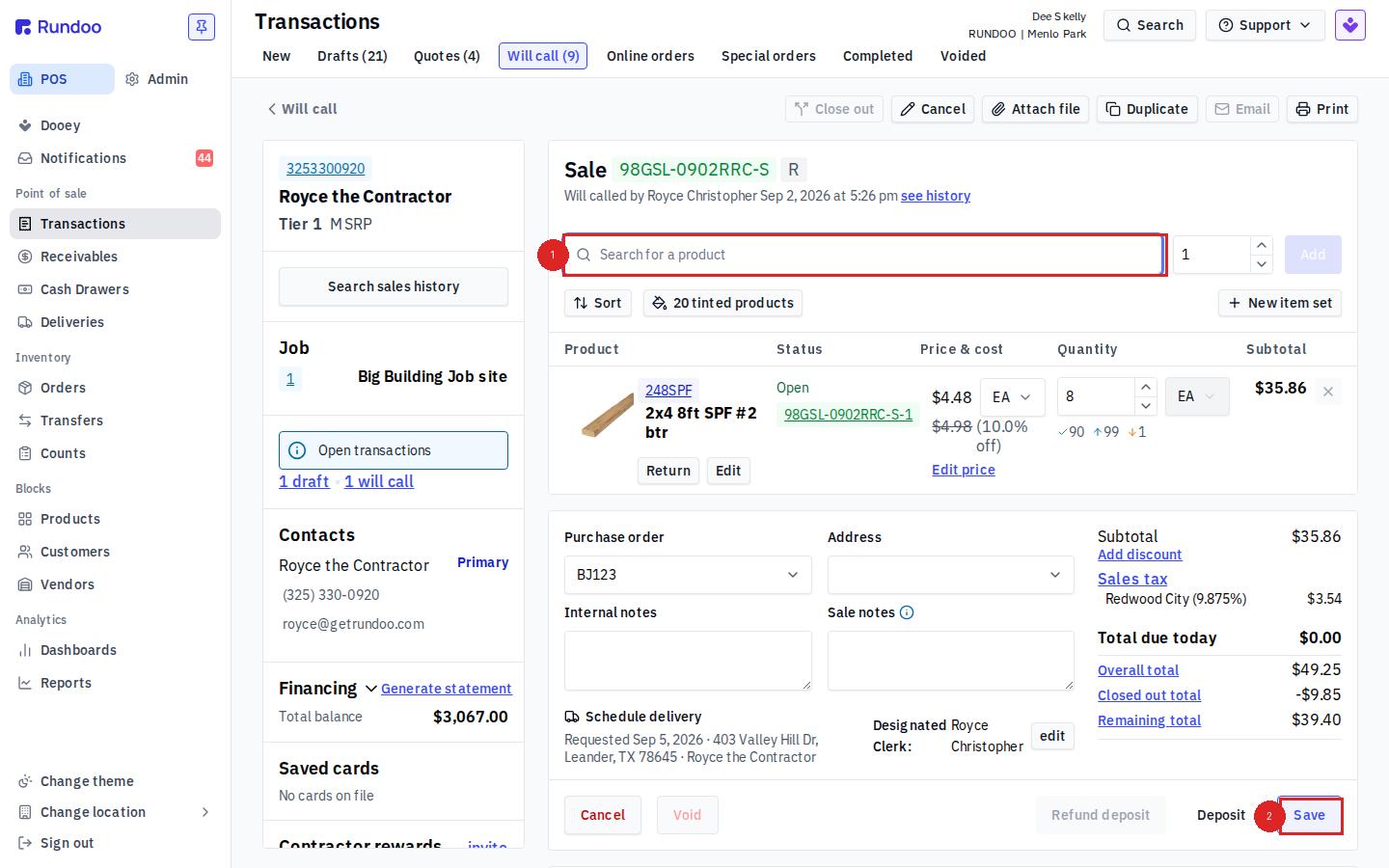 Will-call in edit mode with the product search bar restored and per-line Edit, Edit price, and remove controls, plus a Save button