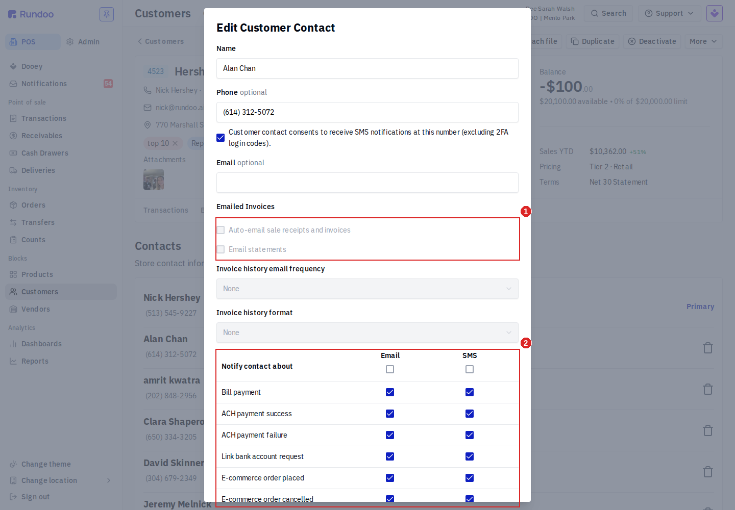 Edit Customer Contact modal with the Emailed Invoices checkboxes and the Notify contact about Email and SMS grid highlighted