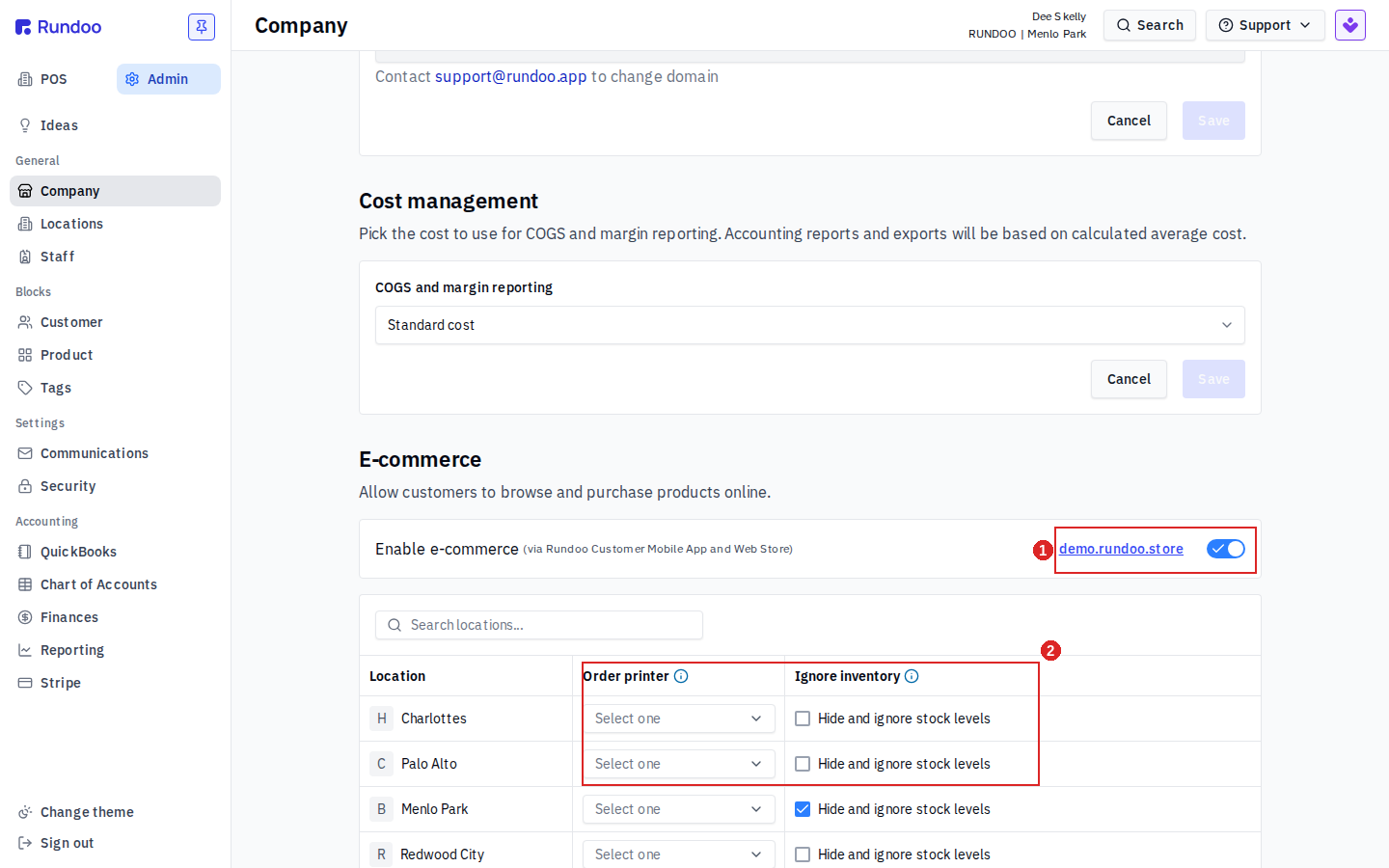 E-commerce section of the Admin Company page with the Enable e-commerce toggle, the web store link, and per-location order printer and stock controls