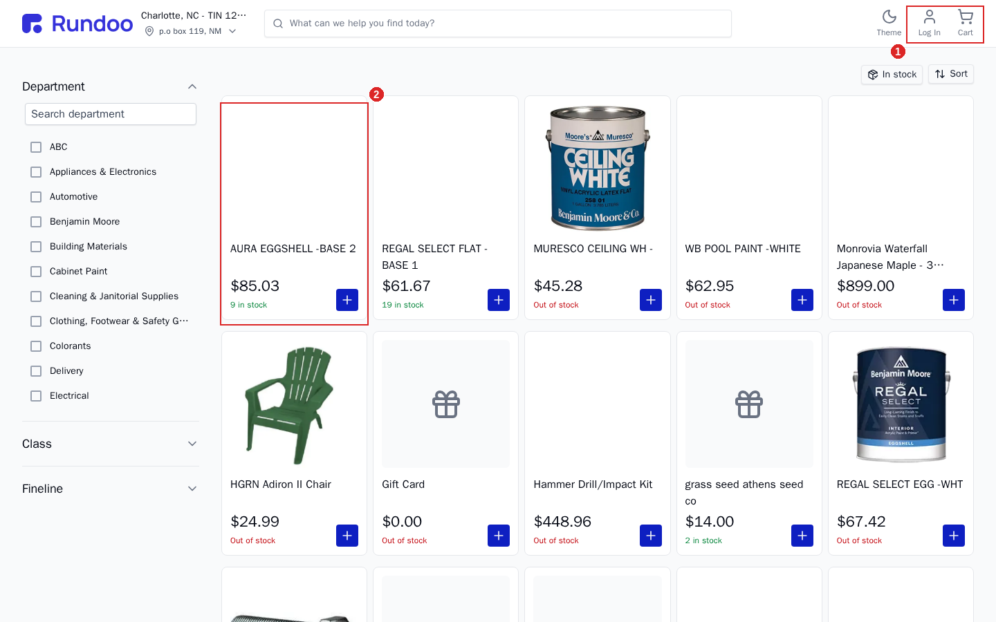 Rundoo web store showing a product grid with department filters, item prices and stock levels, add-to-cart buttons, and Log In and Cart in the header