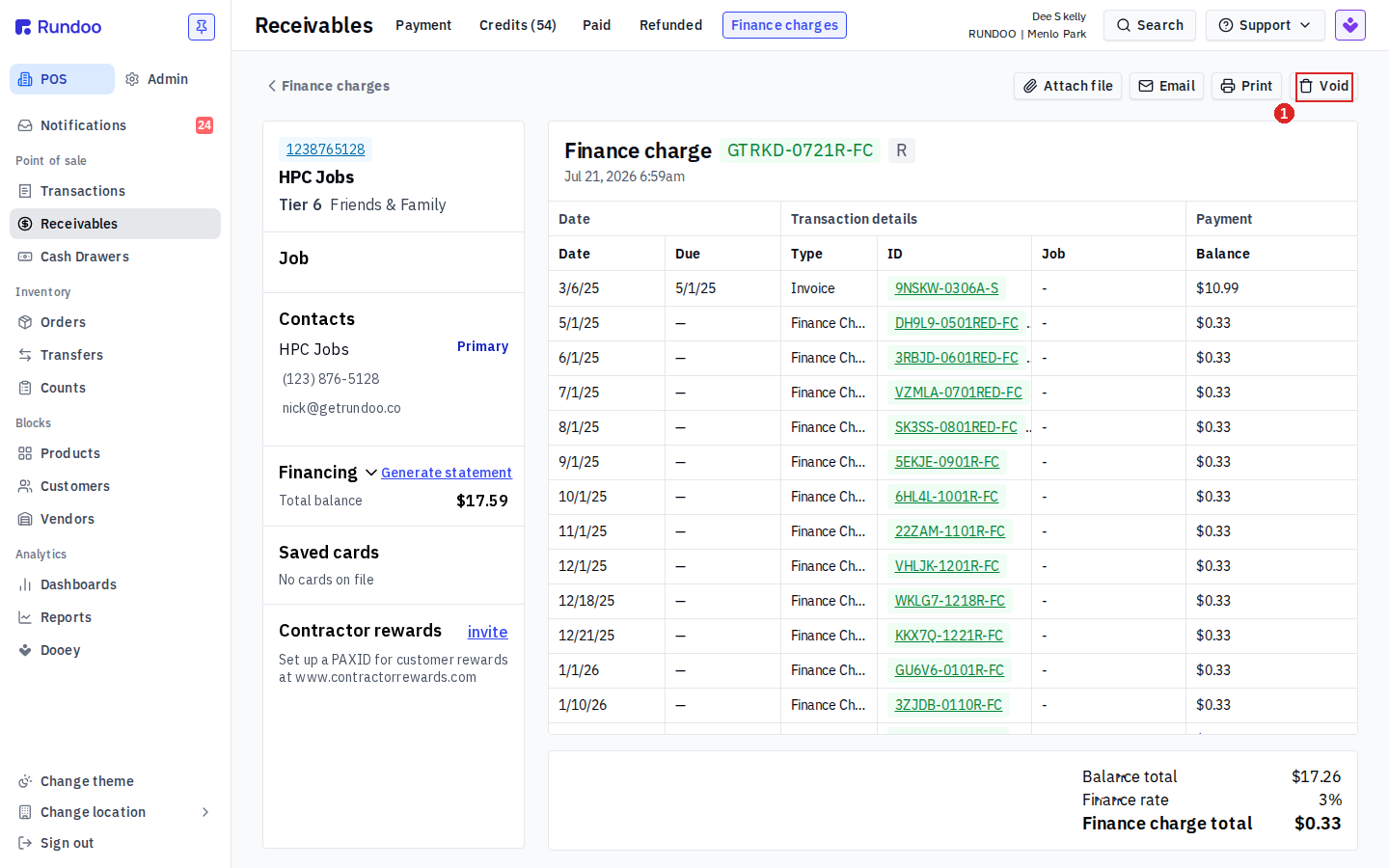 An assessed finance charge detail on the Receivables Finance charges tab, showing the balances it covered and a Void action