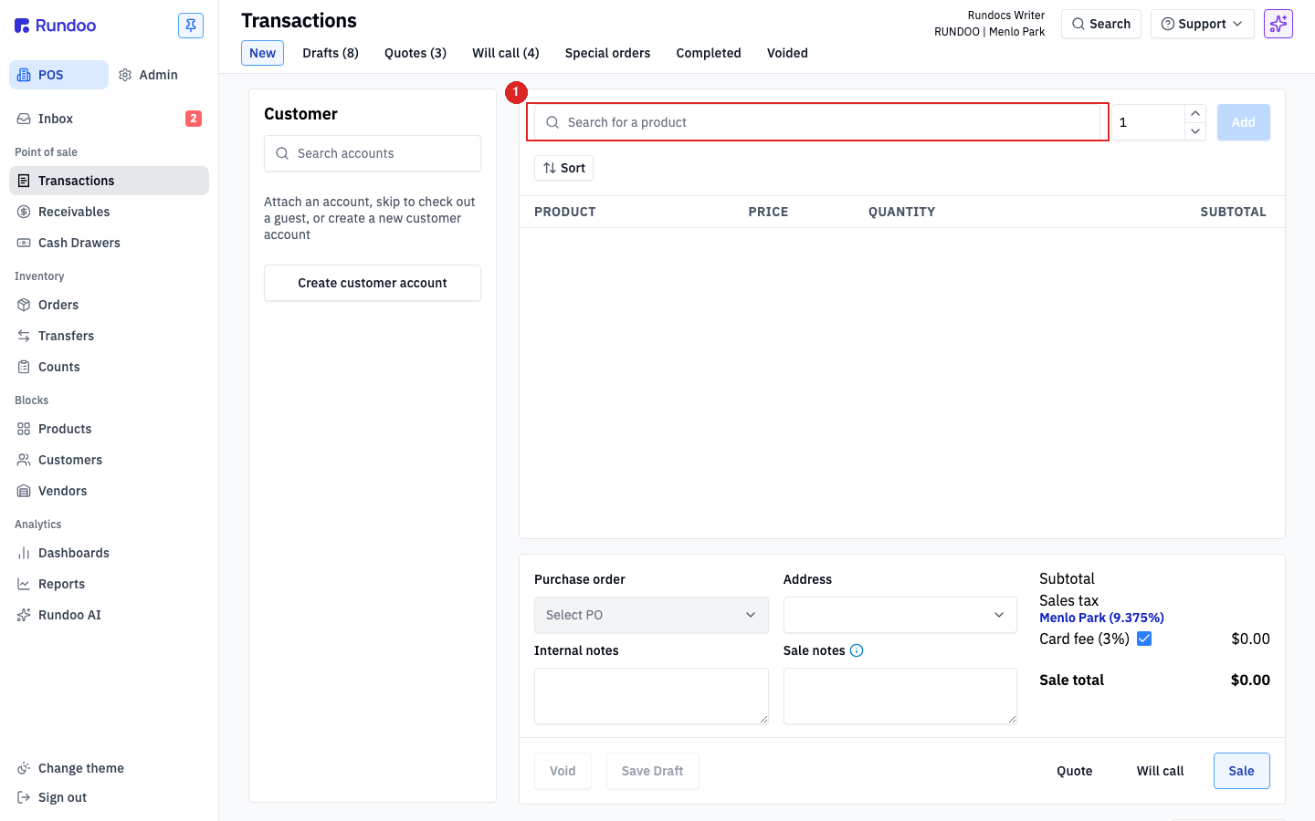 POS > Transactions > New: click outside the Search for a product bar before scanning.