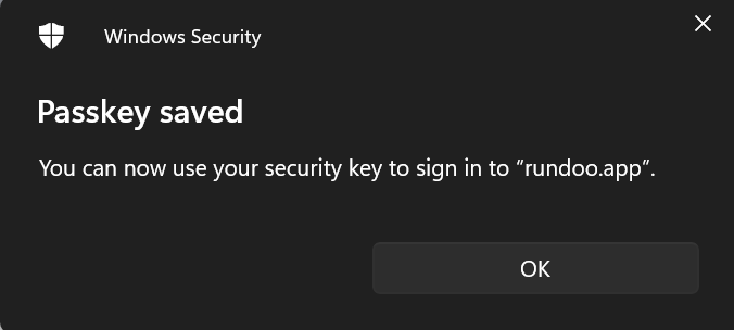 Passkey saved — click OK to close.