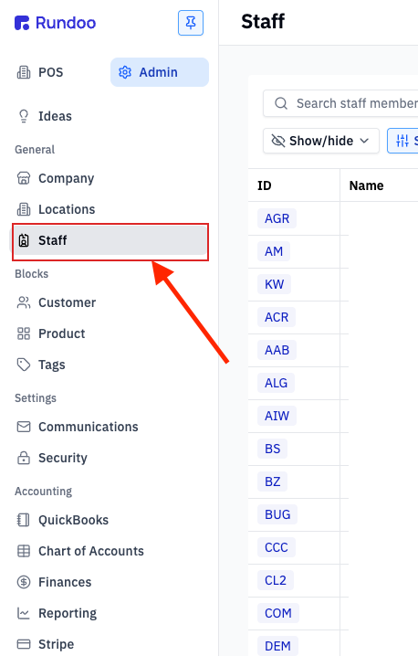 In Admin mode, open Staff from the left sidebar.