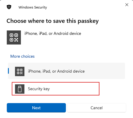 Windows Security: pick Security key under More choices.