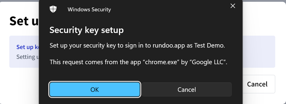 Windows Security: confirm setup and click OK.