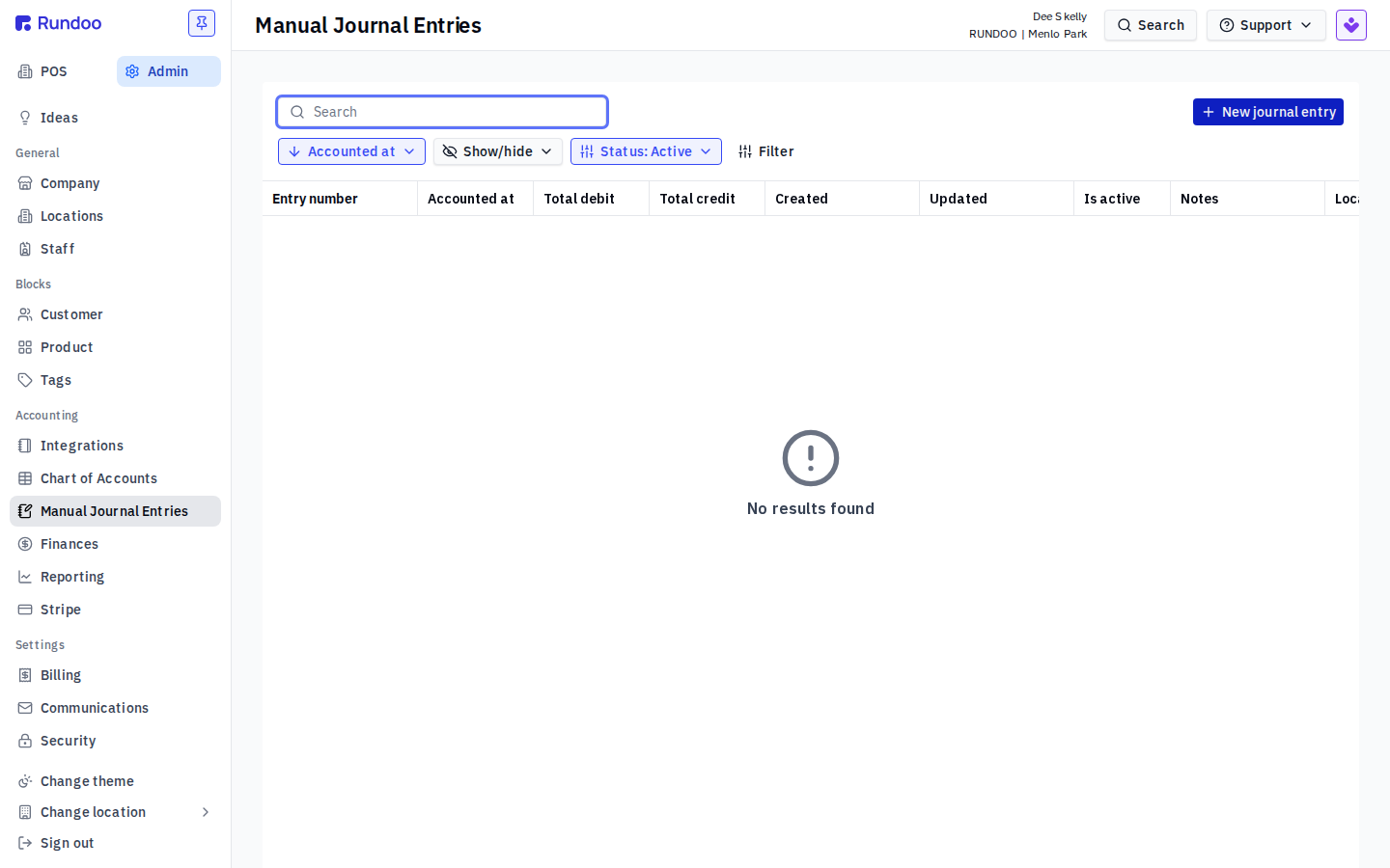 Manual Journal Entries list with a New journal entry button, sort and filter controls, and an empty results table