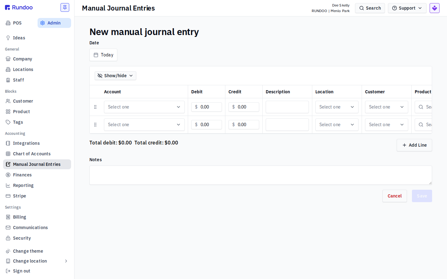 New manual journal entry form with a date field, account/debit/credit line rows, running totals, and a notes box