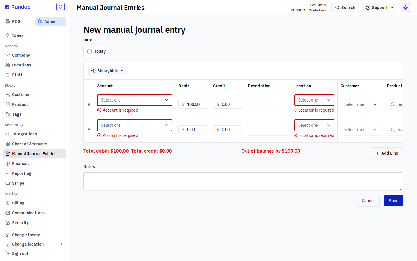 Manual journal entry form showing an Out of balance by $100.00 message and Account and Location required errors