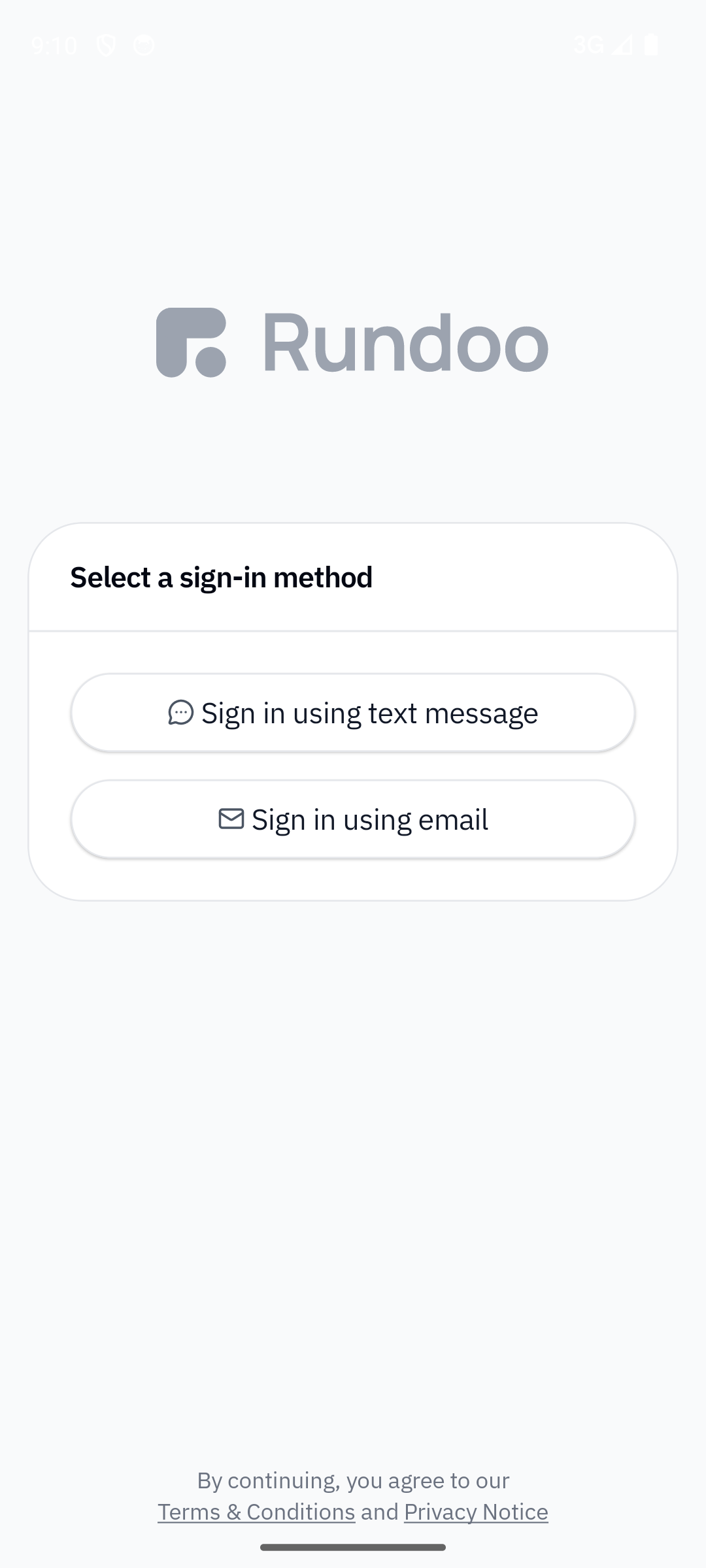 The staff app's sign-in screen — pick text message or email.