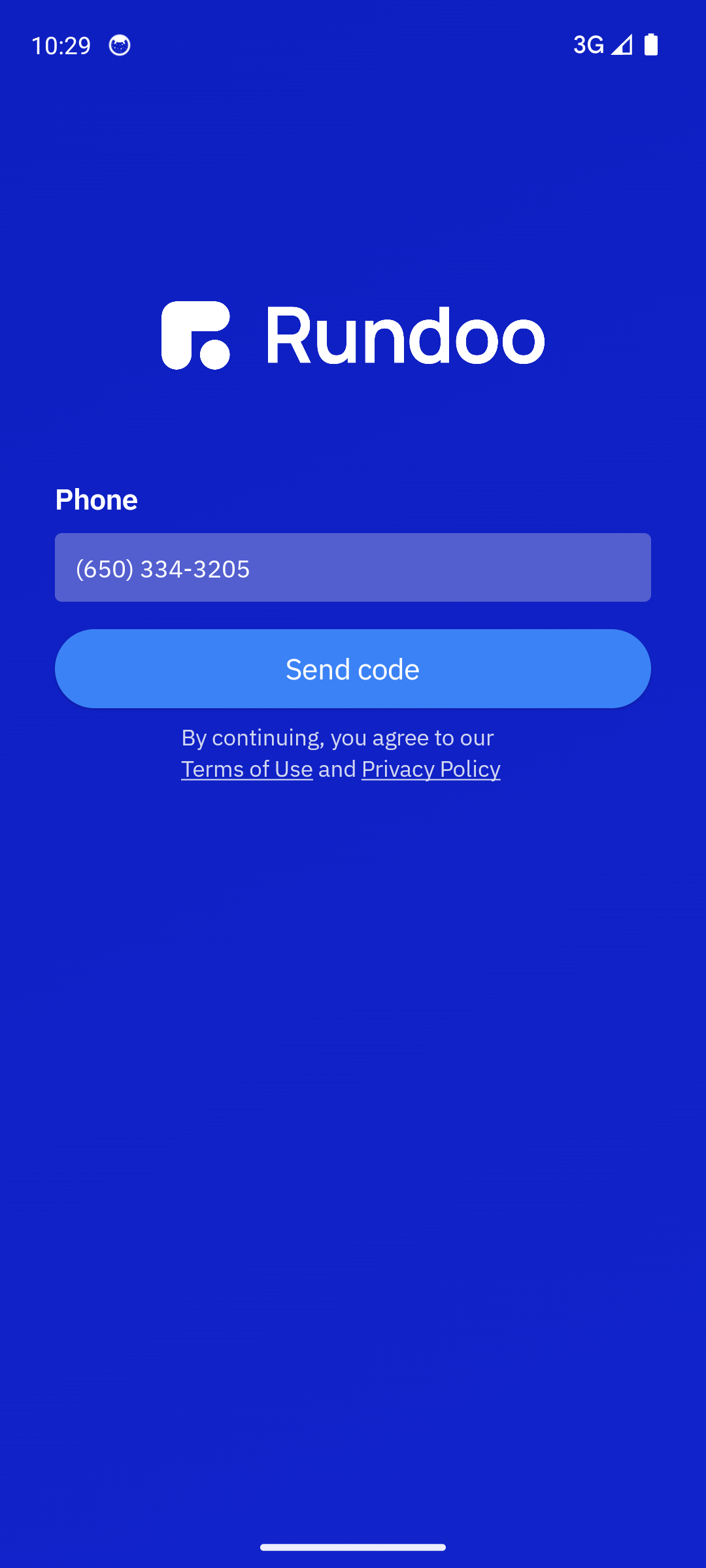 The customer app's sign-in screen — your customer enters their cell phone number, Rundoo texts a code.