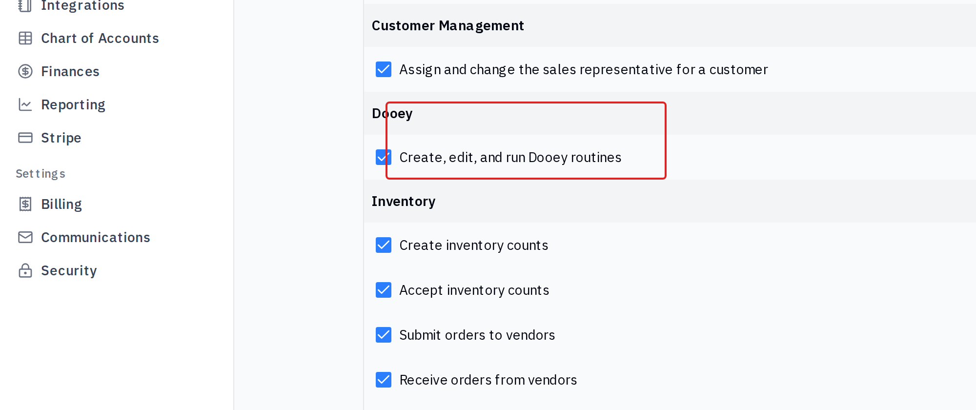 Staff Permissions tab showing the new Dooey section with a checkbox for creating, editing, and running Dooey routines