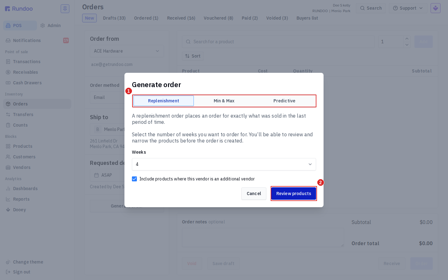 Generate order modal with the Replenishment, Min & Max, and Predictive algorithm tabs, a Weeks selector, and the Review products button