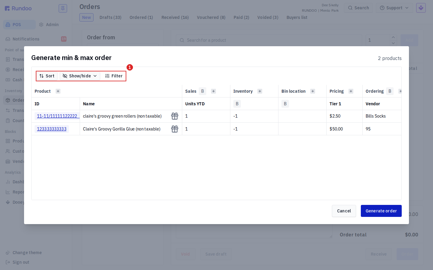 Generate order review grid listing the proposed products with Sort, Show/hide, and Filter controls above the table