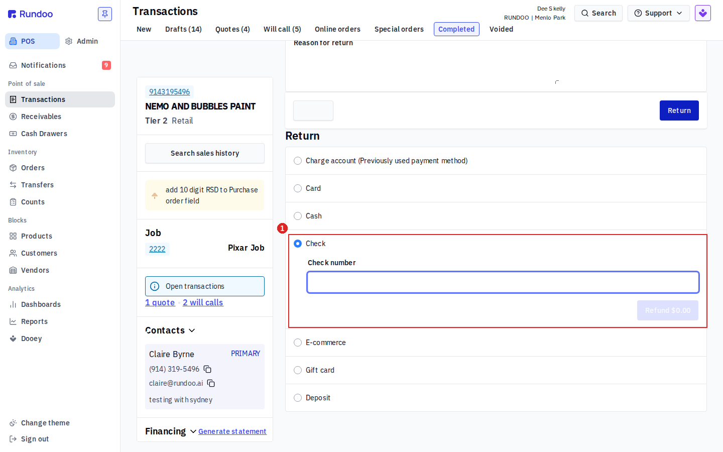 Return builder on a completed sale with the Check refund tender selected, showing the Check number field and Refund button