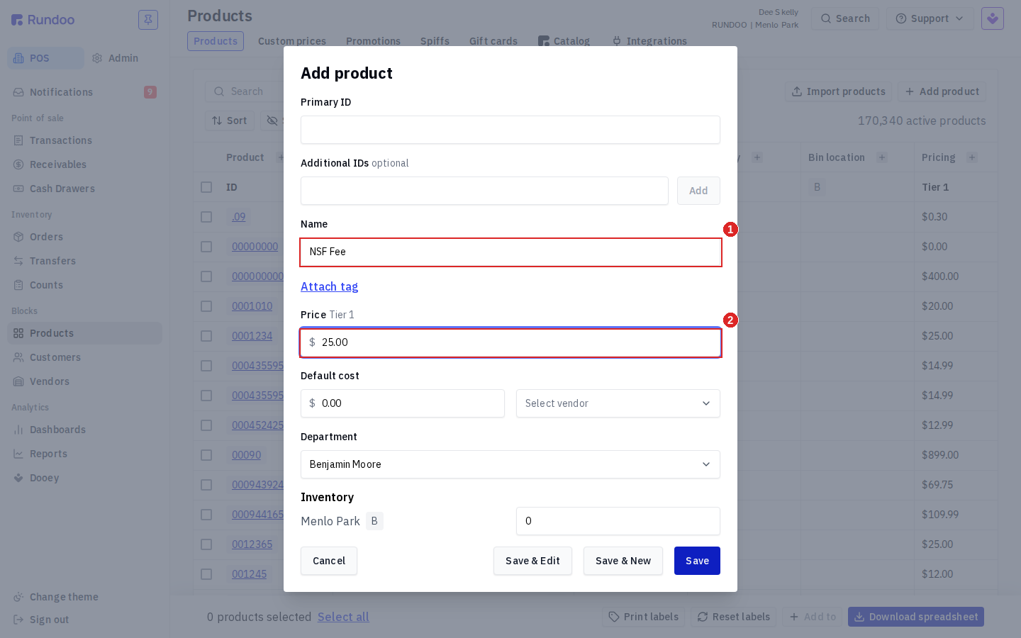 Add product modal creating an NSF Fee item with a fixed price and no cost or inventory