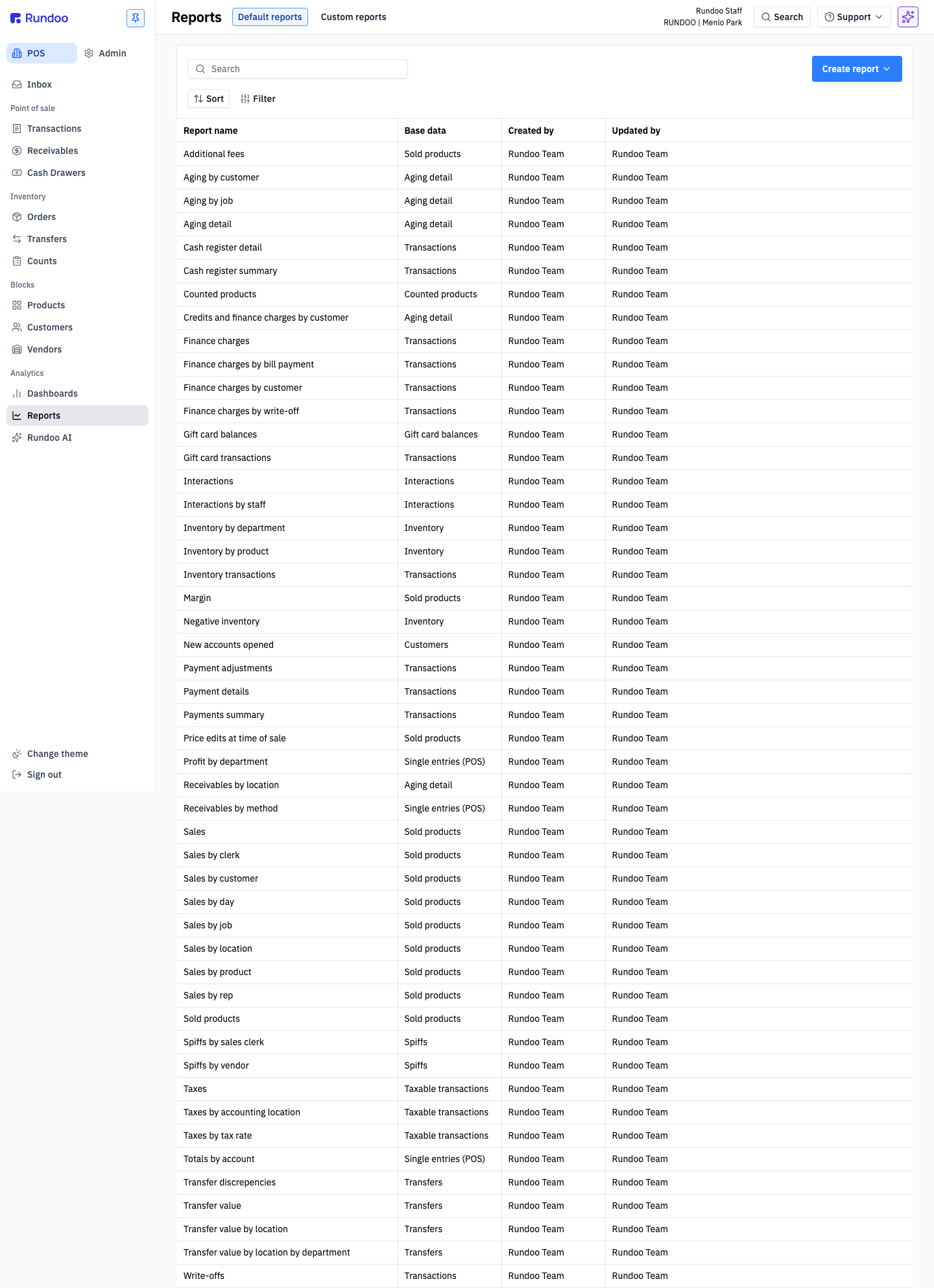Reports page with all default reports listed