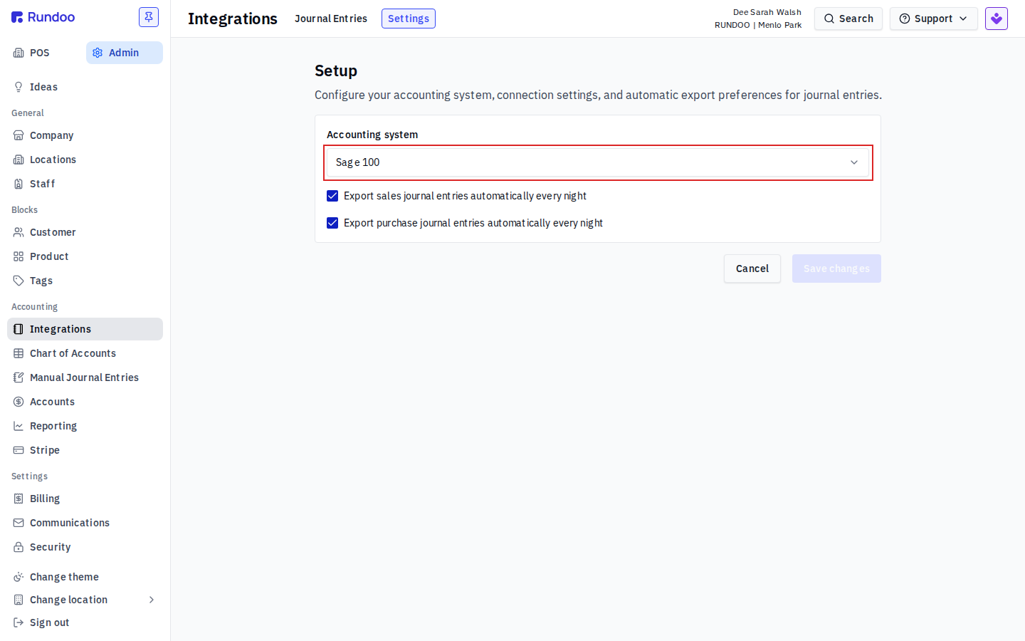 Admin Integrations Settings tab with the Accounting system dropdown set to Sage 100 and two nightly export toggles