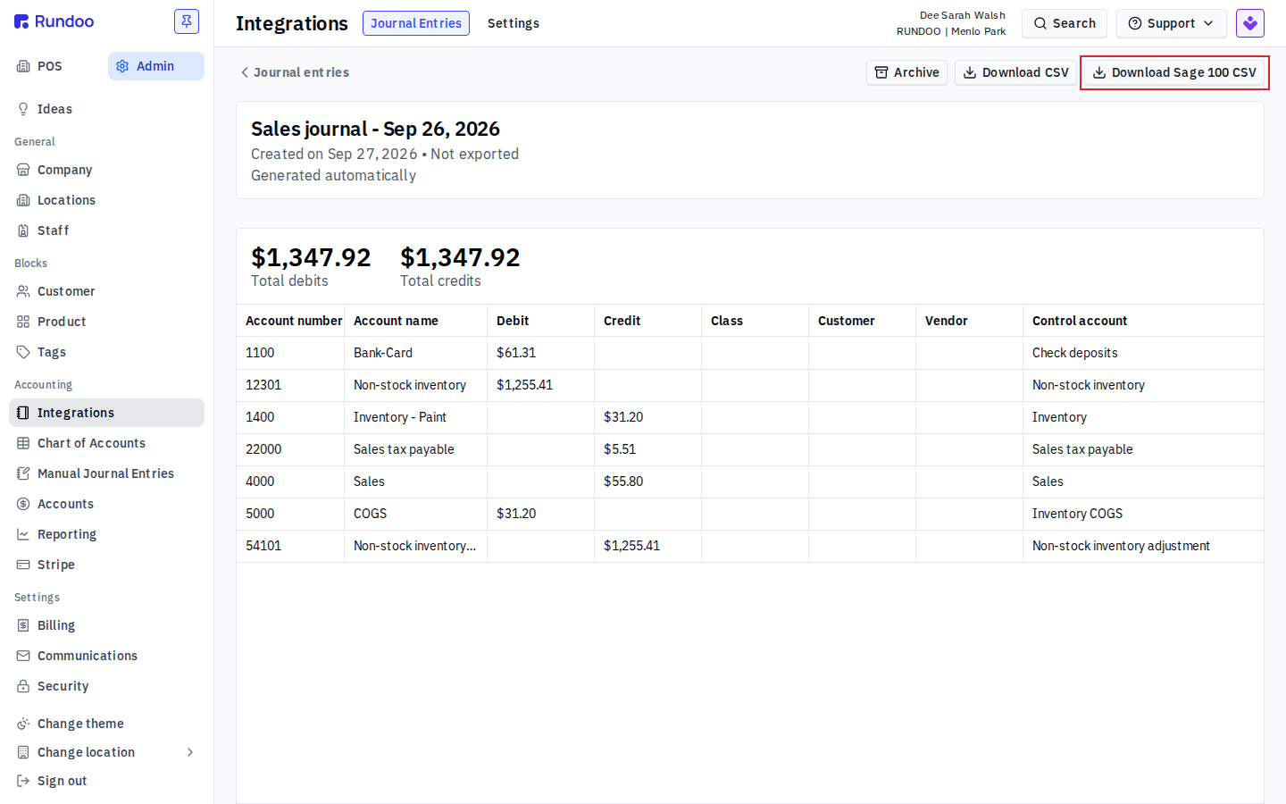 A generated sales journal entry with the Download Sage 100 CSV button highlighted in the top-right toolbar