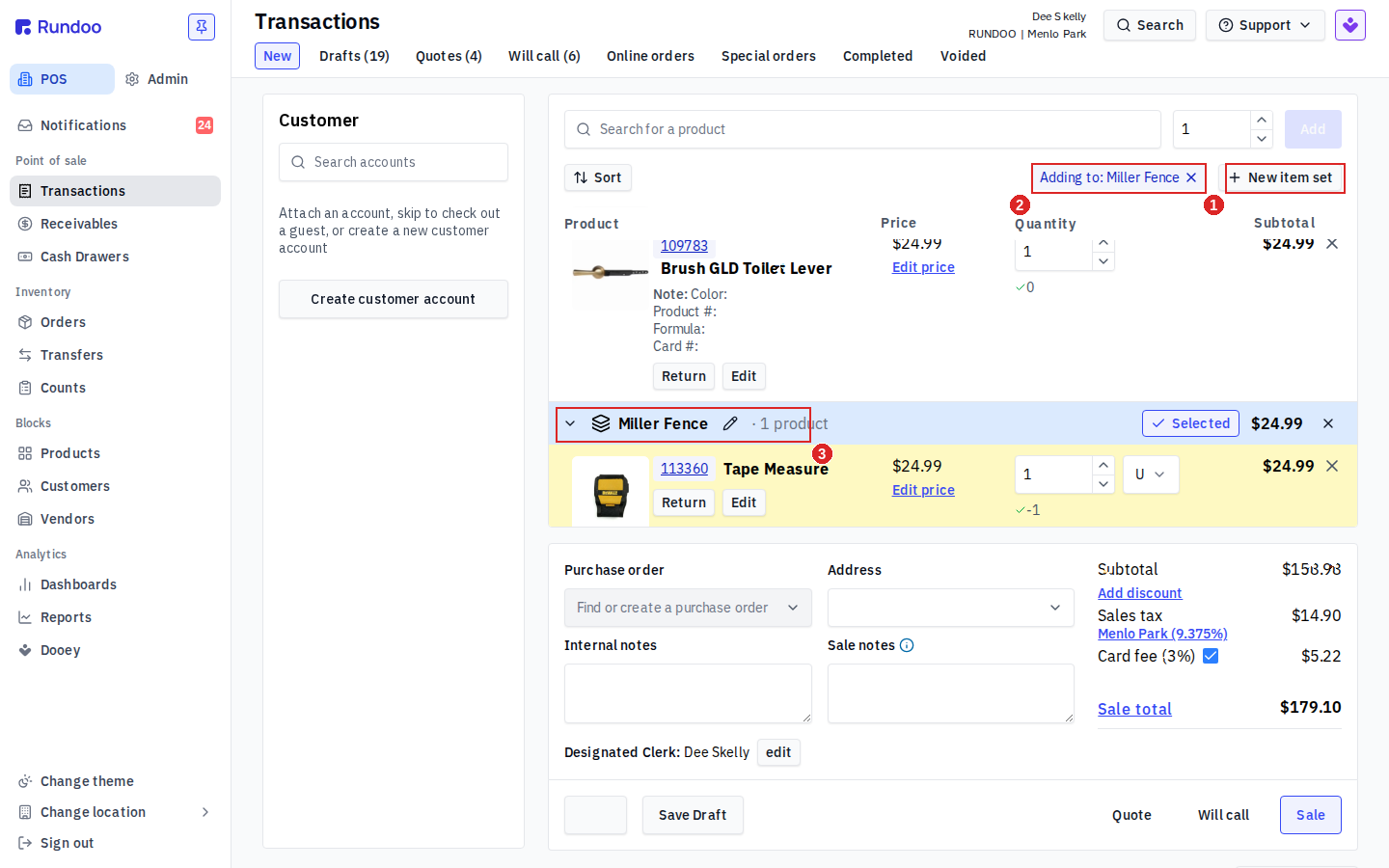 New transaction cart with a New item set button, an Adding to pill, and a named item set header with rename and subtotal
