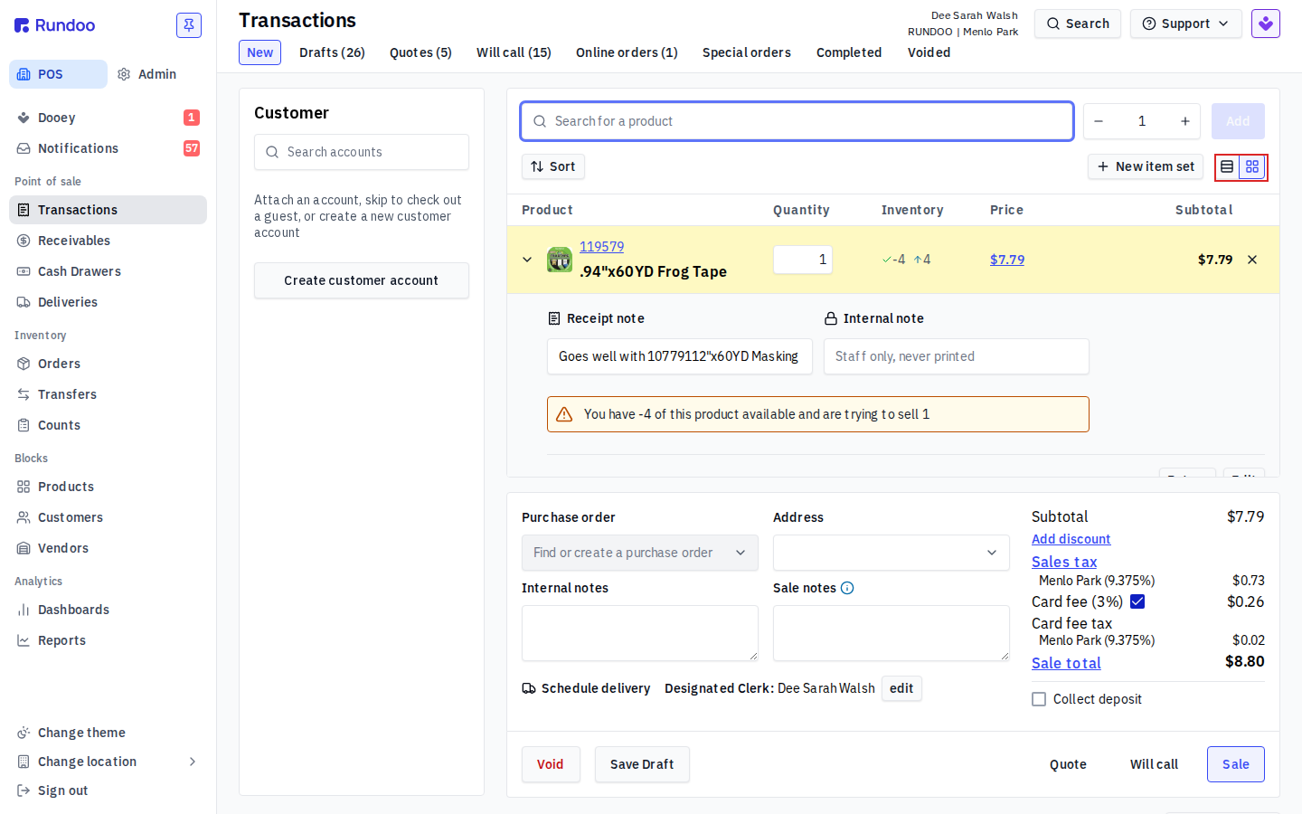 New transaction cart with the Comfortable and Compact view-density icons highlighted next to the New item set button
