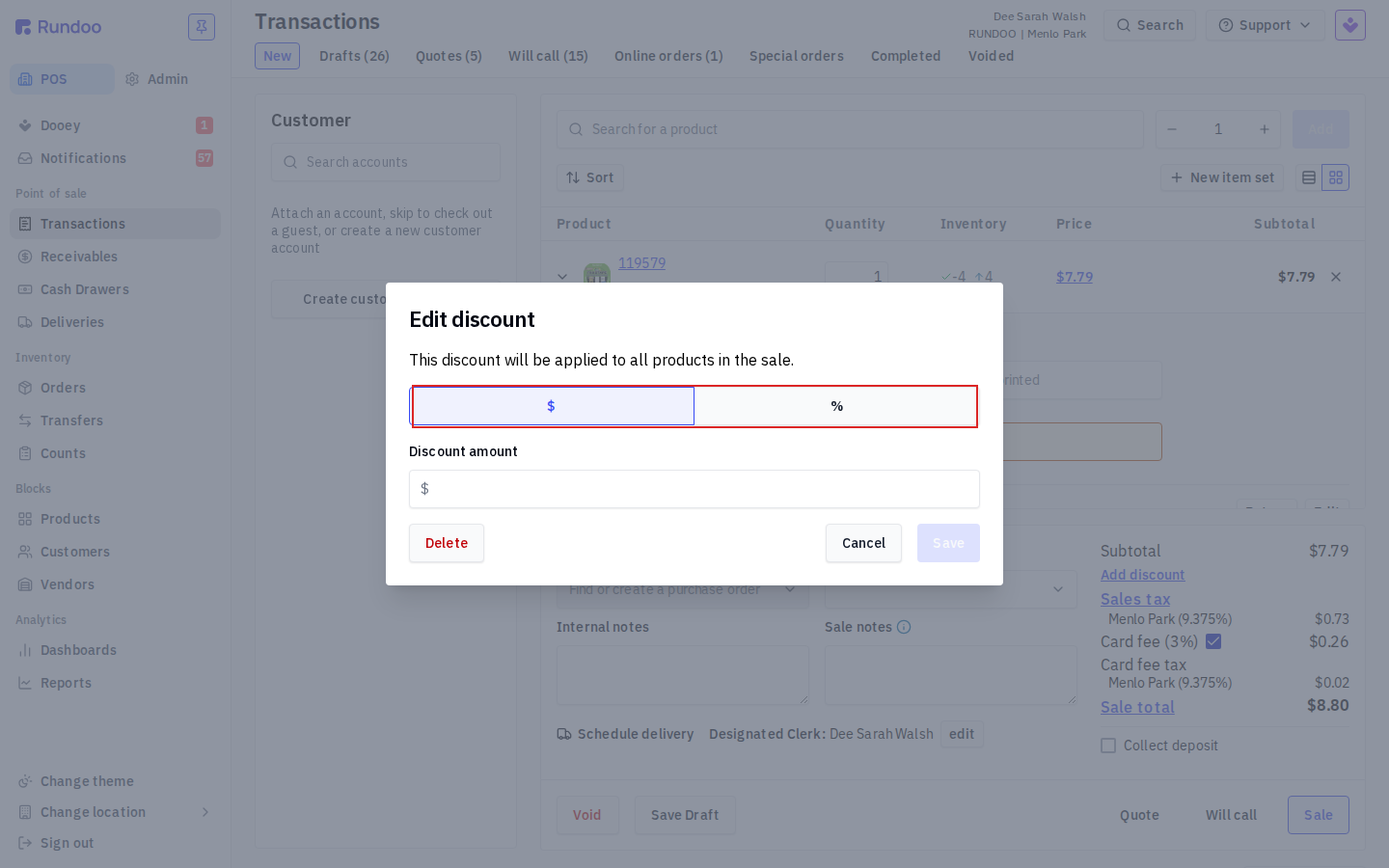 Edit discount modal with a dollar-or-percent toggle and a discount amount field, applying to all products in the sale