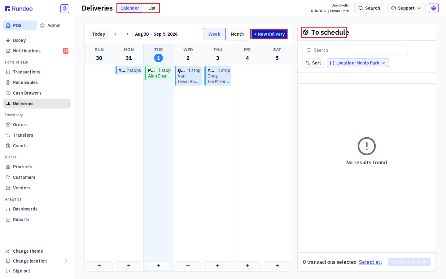 Deliveries Calendar view with a week grid of delivery cards, the To schedule queue, and the New delivery button