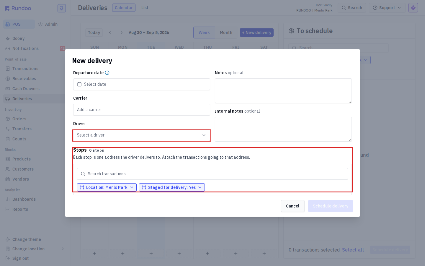 New delivery modal with departure date, carrier, driver, notes, and a Stops section for attaching transactions