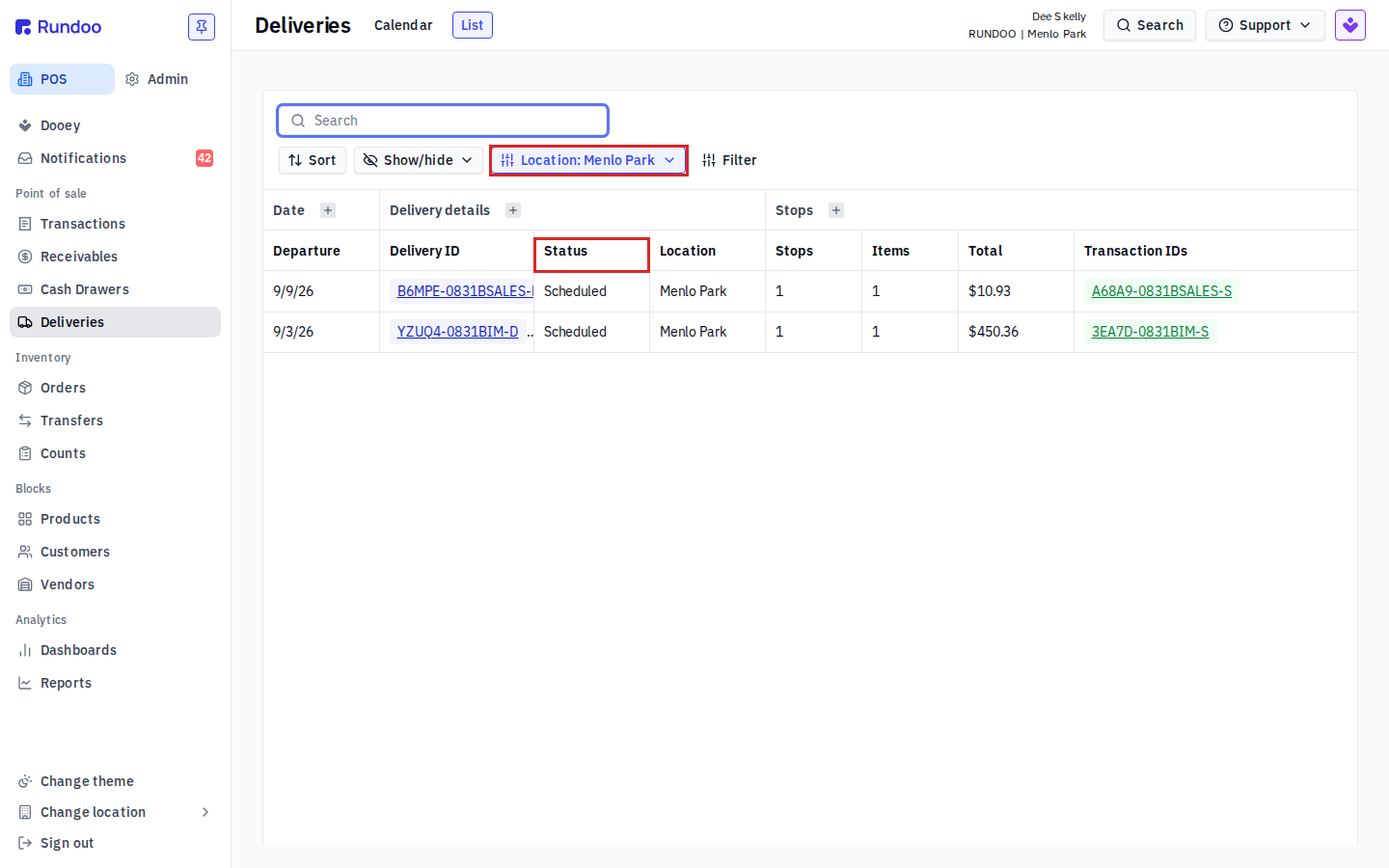 Deliveries List view table of scheduled deliveries with departure date, delivery ID, status, location, and totals