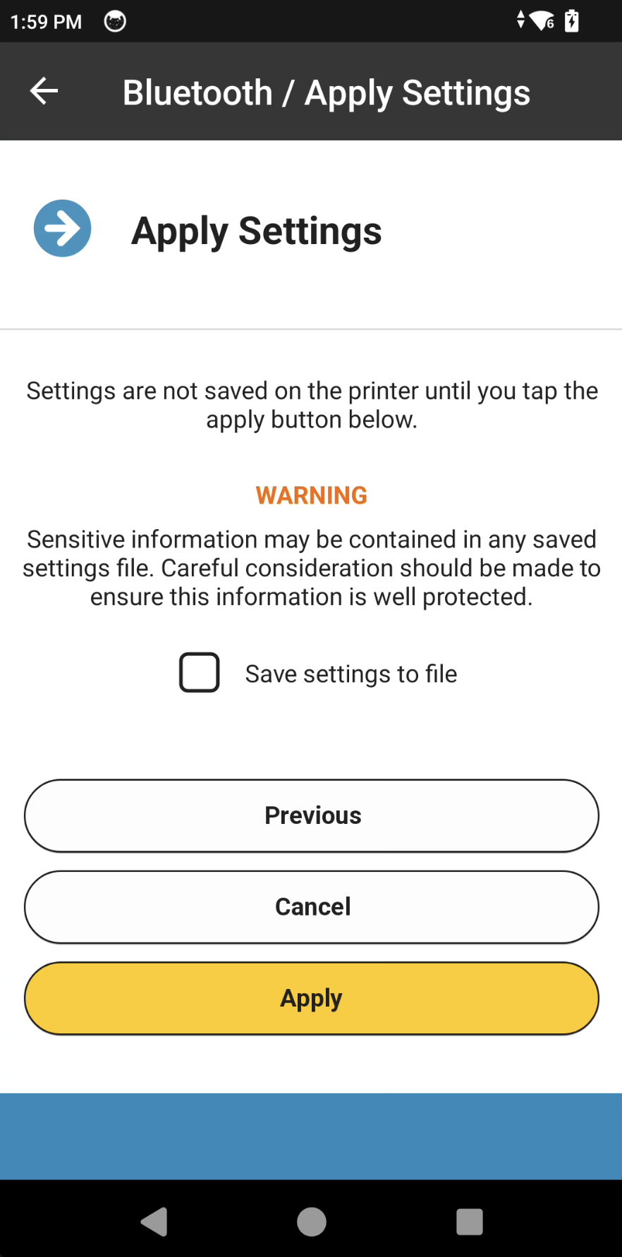 Zebra app Apply Settings screen with the Apply button that writes the change to the printer