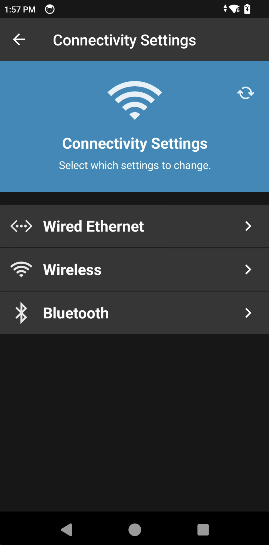 Zebra app Connectivity Settings screen with Wired Ethernet, Wireless, and Bluetooth options
