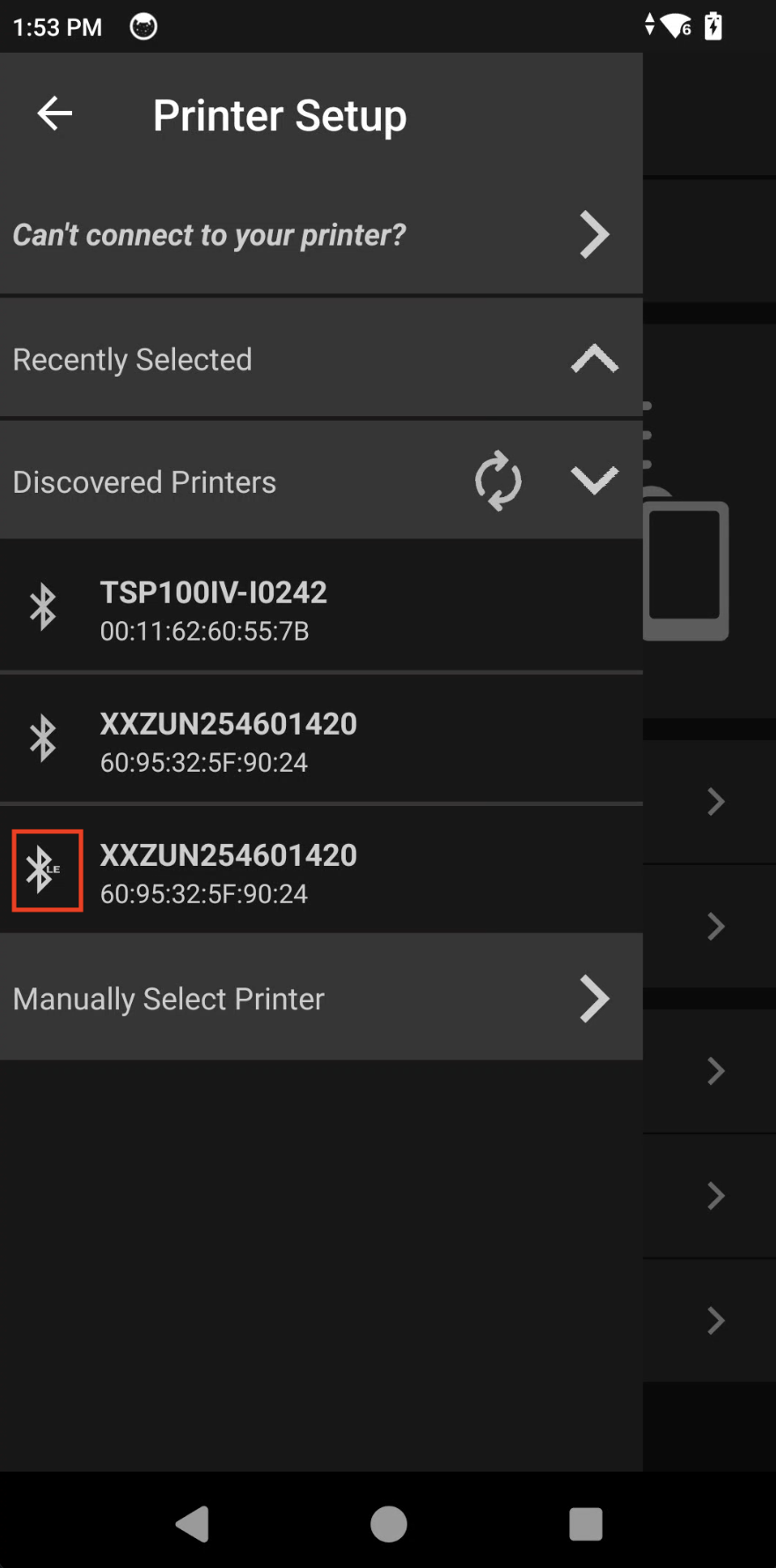 Zebra app Discovered Printers list with a red box on the LE-badged entry to pick; the serial appears twice at one MAC address