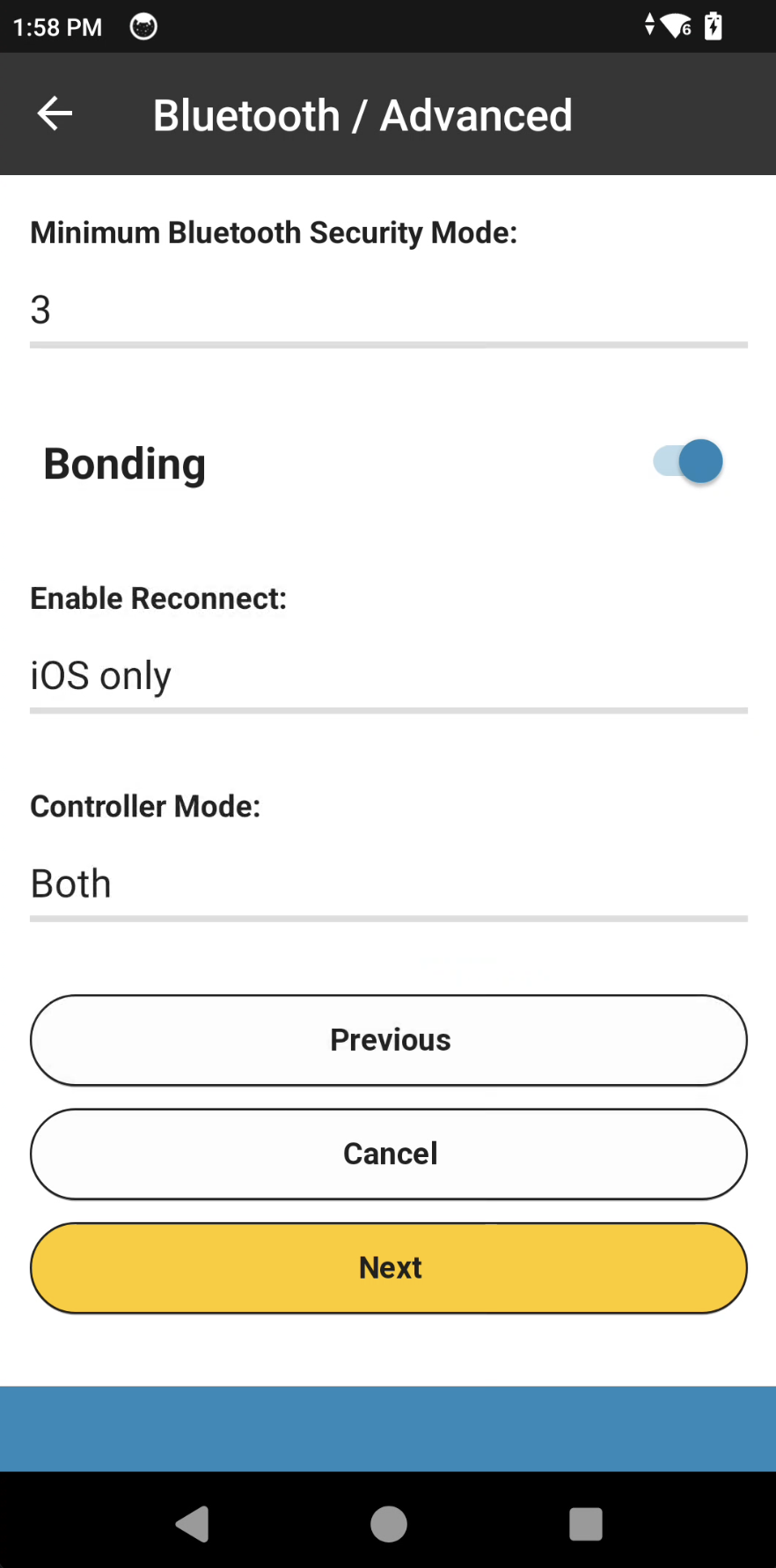 Zebra app Bluetooth Advanced screen with Minimum Bluetooth Security Mode set to the factory value 3