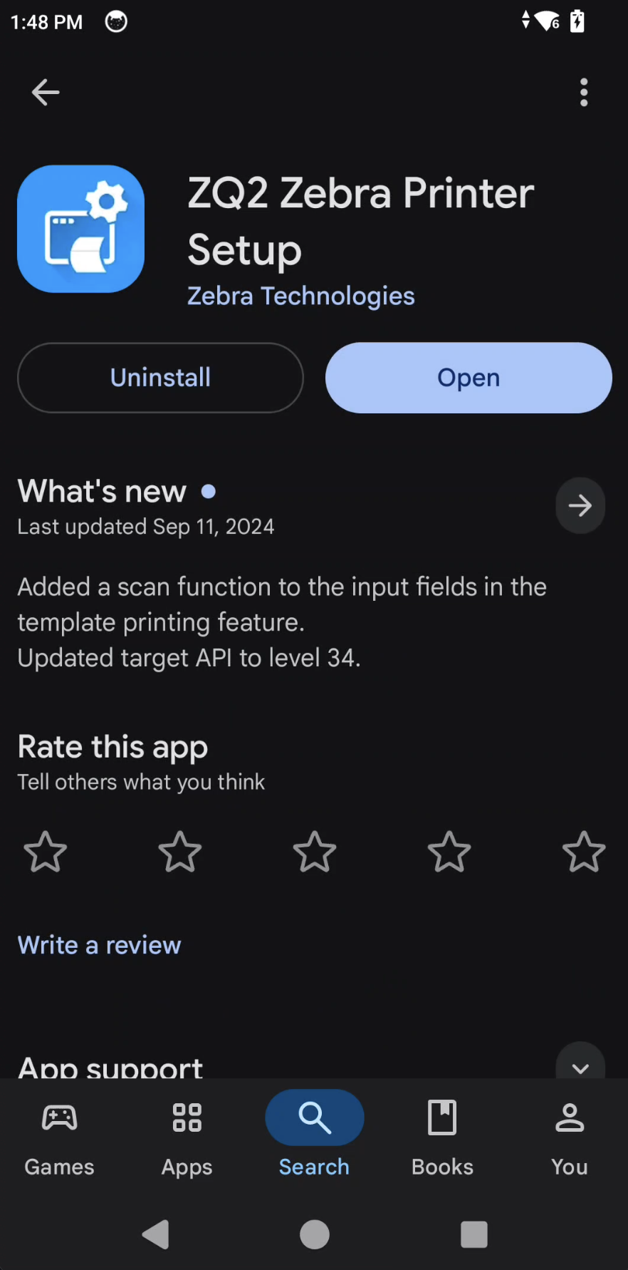 Google Play listing for the ZQ2 Zebra Printer Setup app by Zebra Technologies