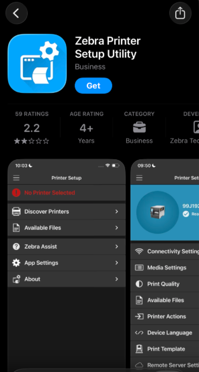 App Store listing for the Zebra Printer Setup Utility
