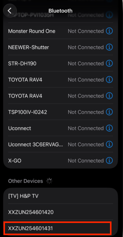 iOS Bluetooth settings with the printer's serial listed under Other Devices outlined in red