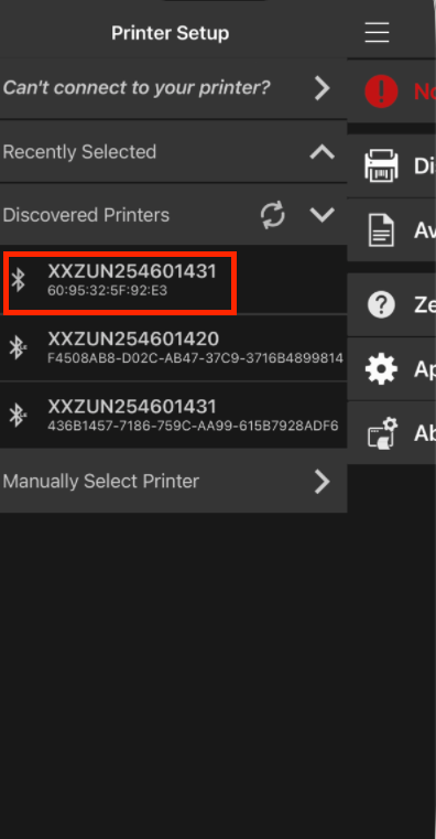 Zebra app Discovered Printers list on iPhone with the printer selected by its serial and MAC address