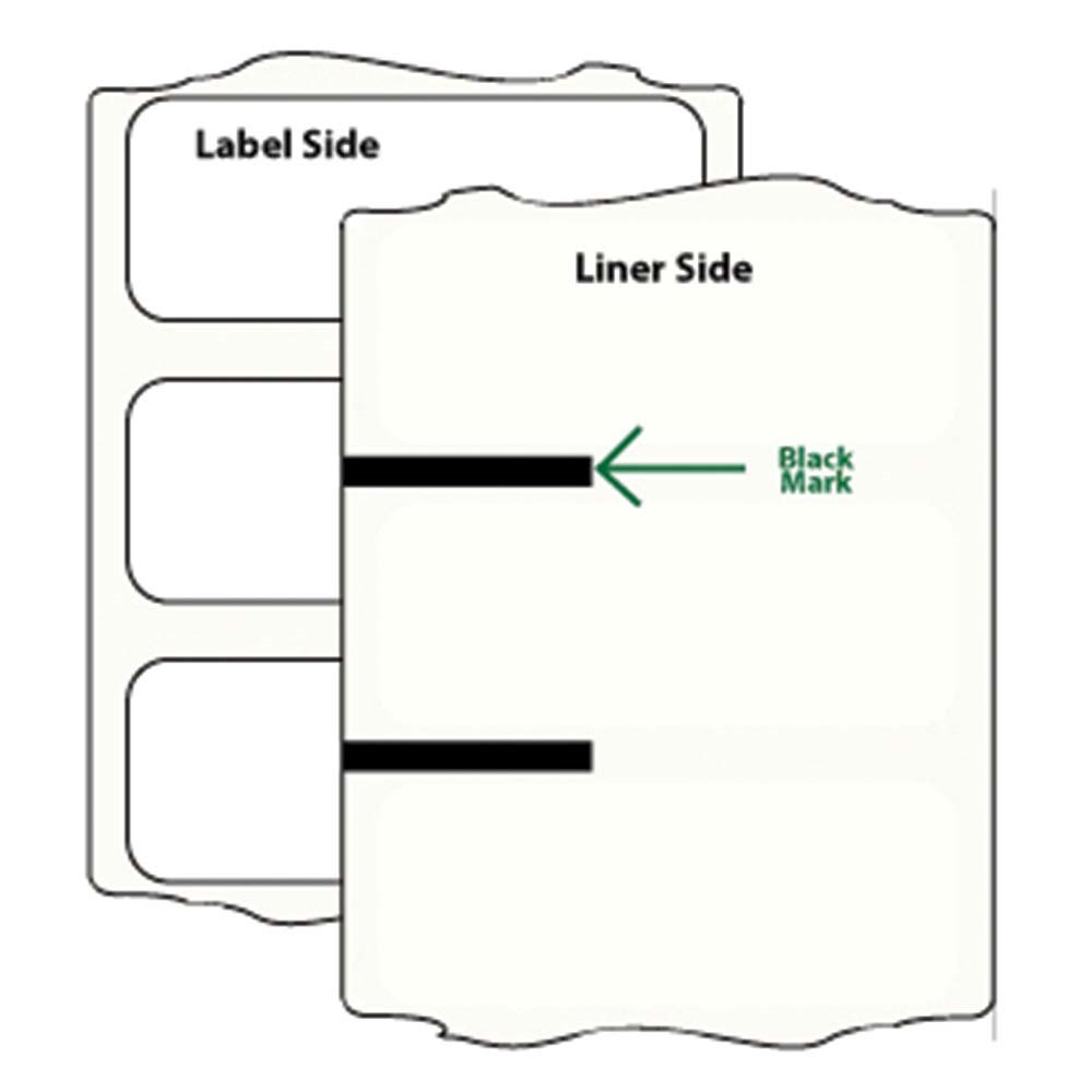 Diagram of label stock showing the black timing mark printed across the liner side behind each label